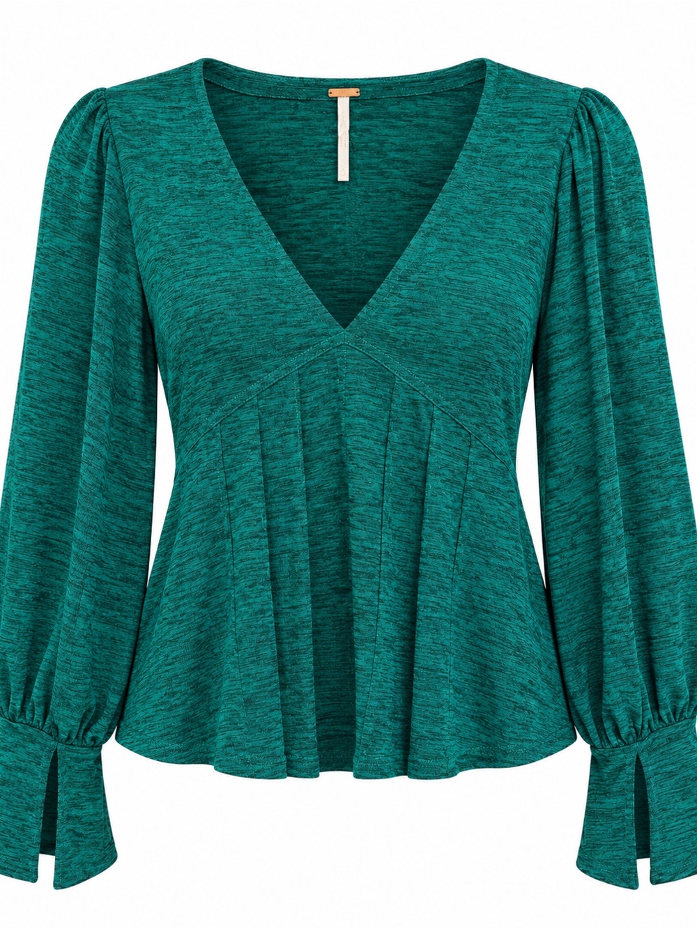 Free People Teal Green Heathered V-Neck Bishop Sleeve Pleated Top (S) - Picture 2 of 4